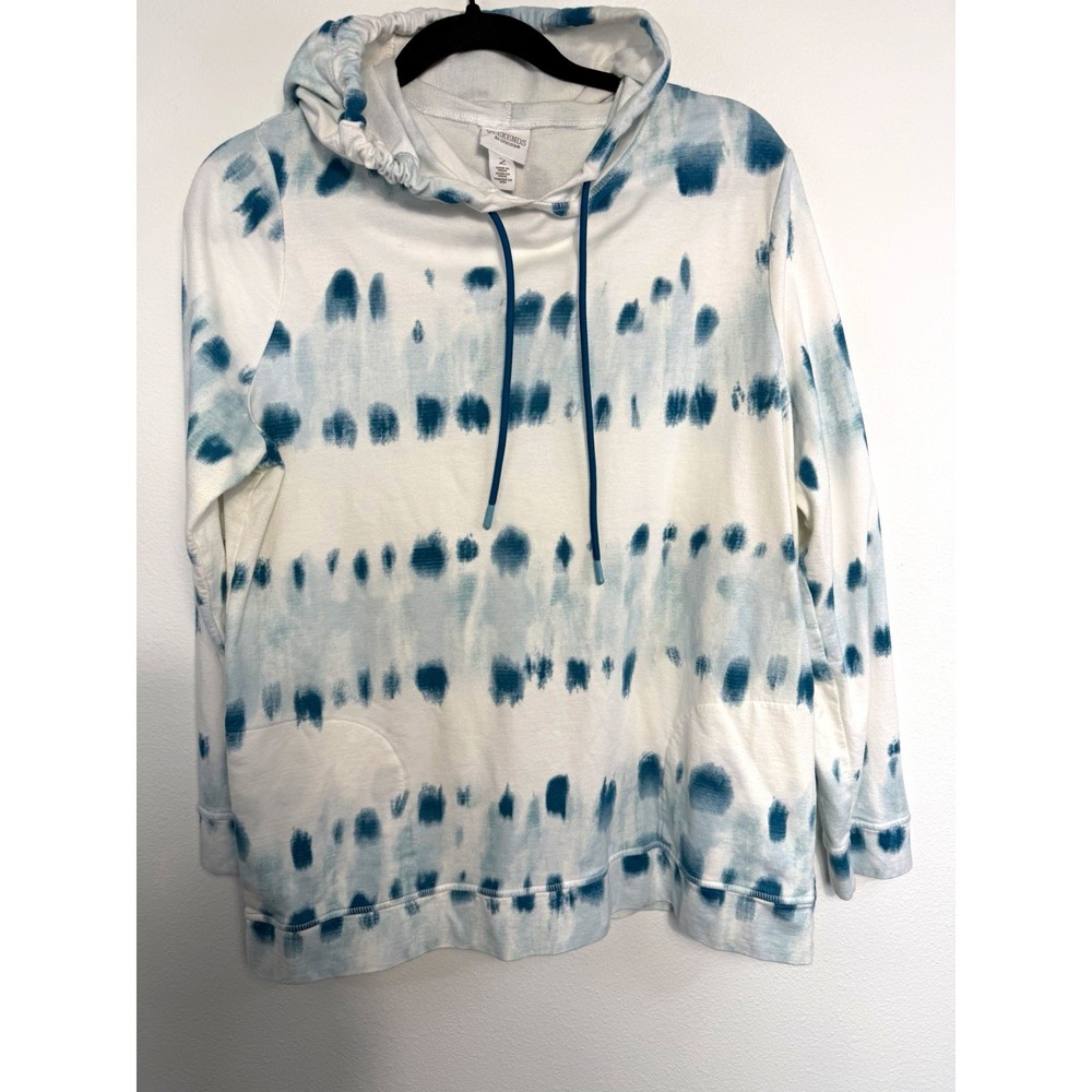 Chico's Weekends Tie-Dye Pullover Hoodie Fleece Pockets Sz 2 White Blue